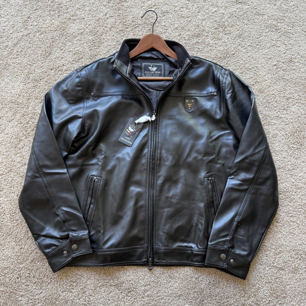 EA Collection Italy Style Jacket Men XL Black Faux Leather Full Zip Bomber New